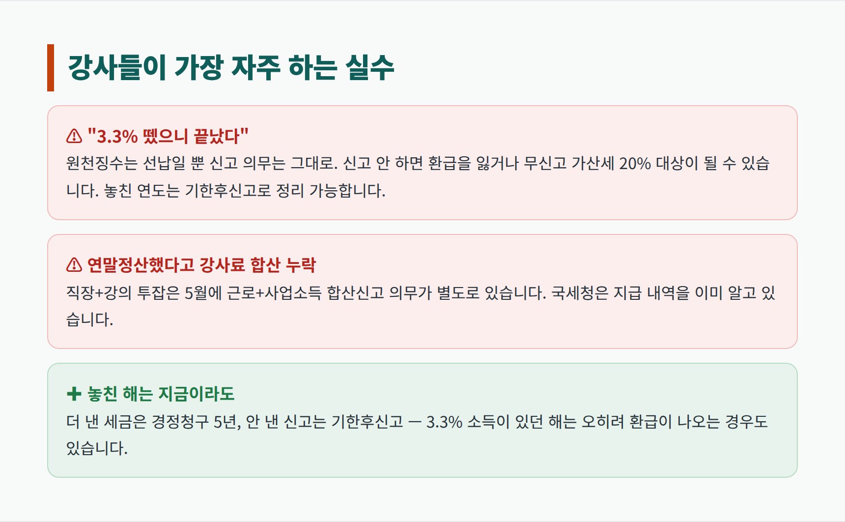 학원강사 종합소득세 흔한 실수 — 3.3% 신고 누락과 투잡 합산 누락
