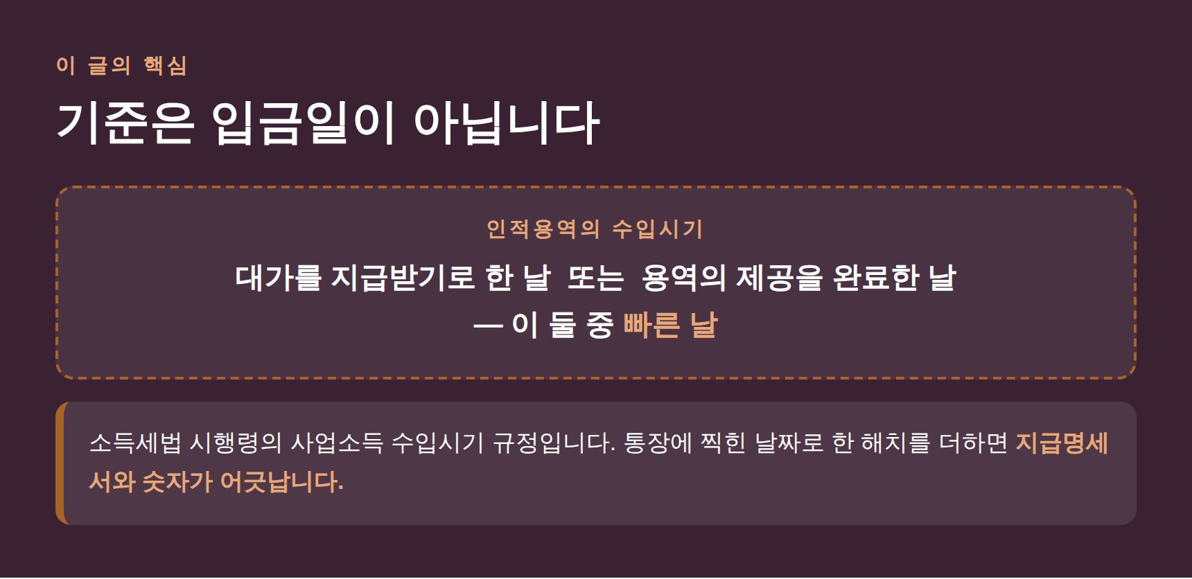 인적용역 수입시기는 지급 약정일과 용역 완료일 중 빠른 날