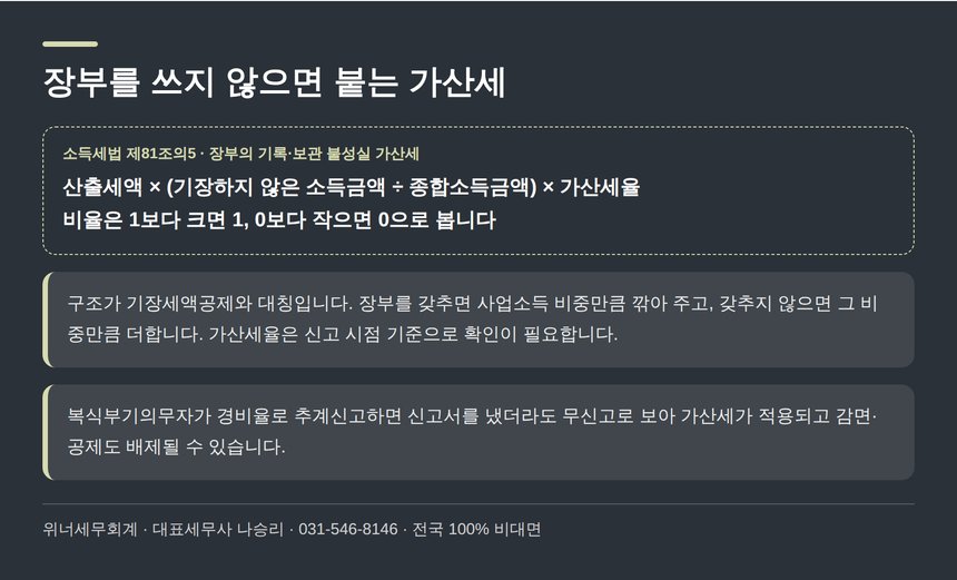 장부를 쓰지 않았을 때 붙는 무기장 가산세의 계산 구조