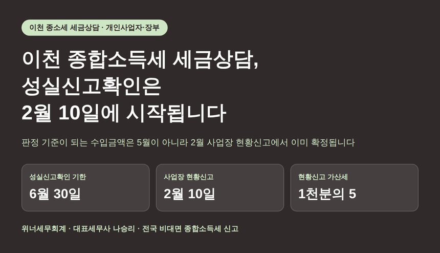 이천 종합소득세 세금상담, 성실신고확인은 2월 10일에 시작됩니다 (이천 종소세 세금상담)