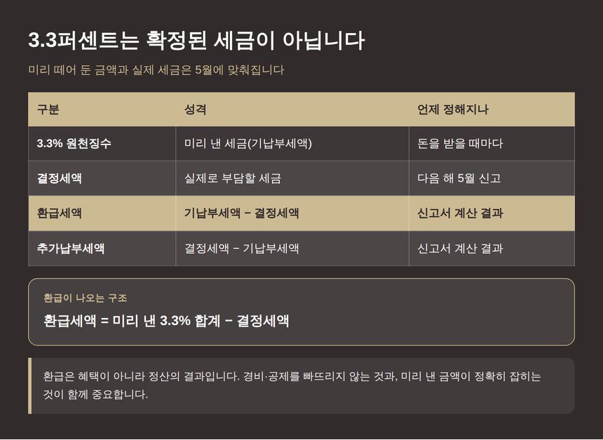 3.3퍼센트 원천징수는 기납부세액이라는 점을 정리한 표