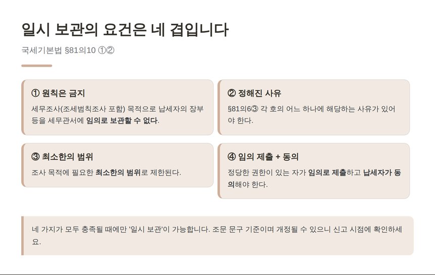 일시 보관의 네 가지 요건 — 국세기본법 제81조의10