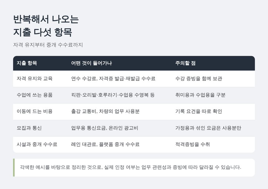 수영강사가 챙길 수 있는 지출 다섯 항목 정리표