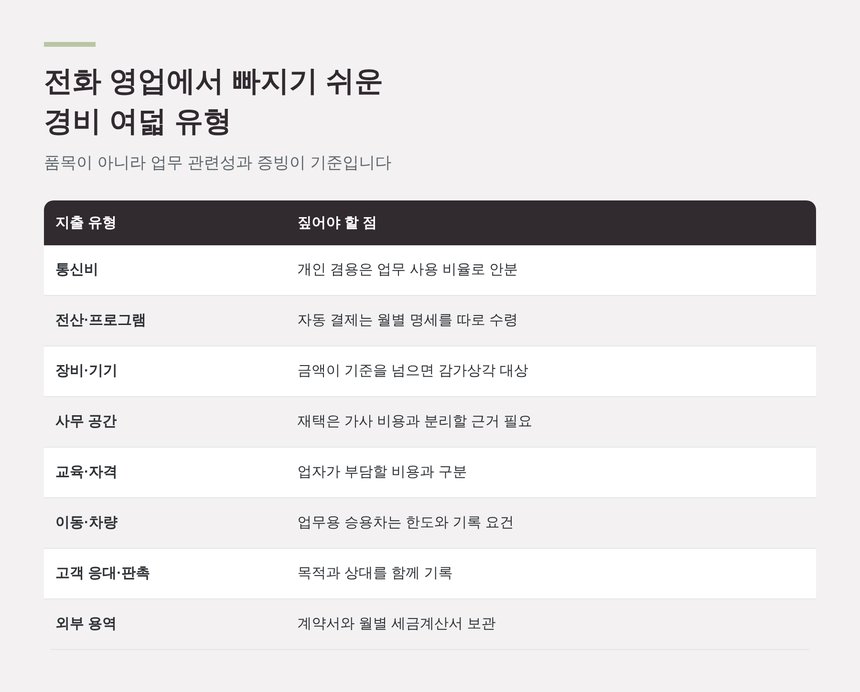 텔레마케터 경비 여덟 유형과 증빙 안분 기준 정리표