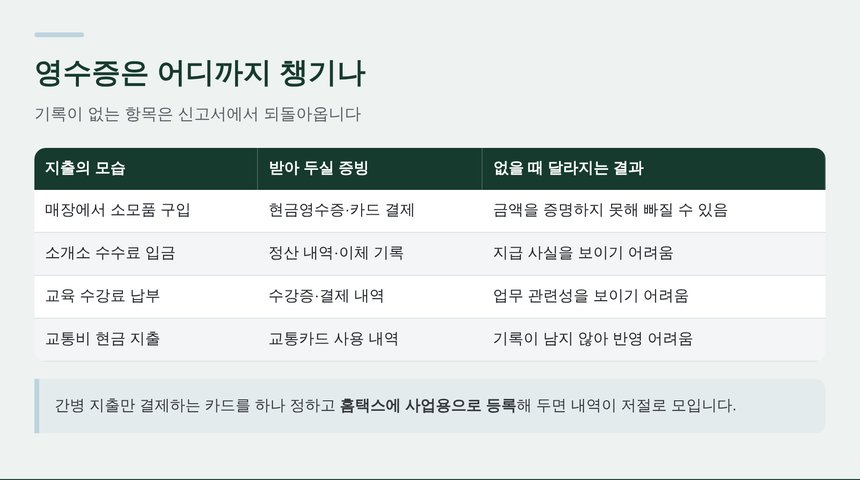 지출별로 받아 두어야 할 증빙을 정리한 표