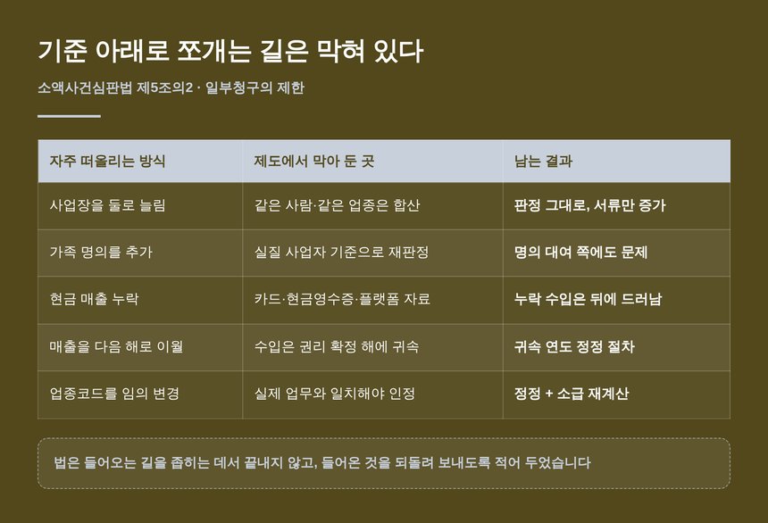 수입을 쪼개어 기준 아래로 맞추는 방식이 막혀 있는 이유 정리표