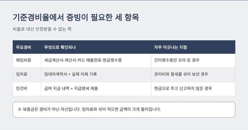기준경비율에서 증빙이 필요한 매입비용·임차료·인건비 정리표